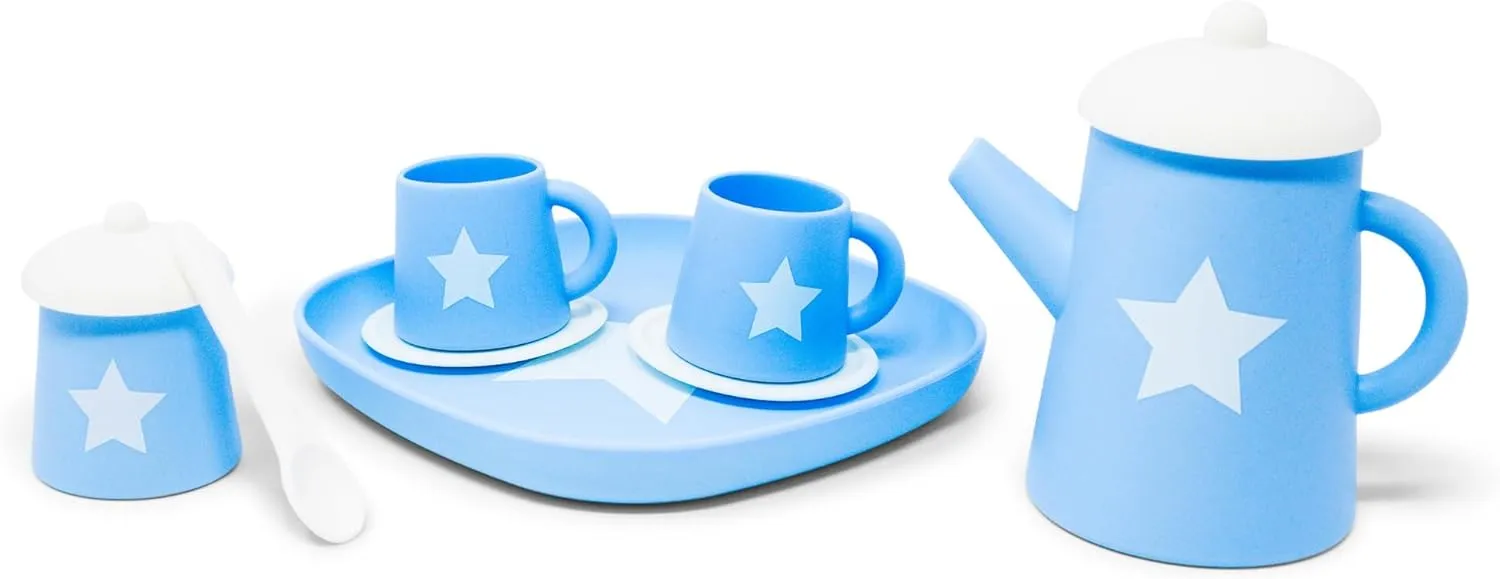 Super Star Blue Silicone Tea Set by Jack Rabbit Creations- 10 Piece Play Tea Party Set for Little Girls- Food Grade & Dishwasher Safe- Encourages Role Play and Imaginative Play