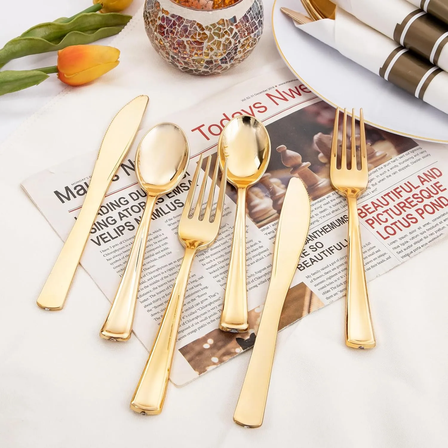 Supernal 120 Pack Gold Plastic Cutlery Set with Napkin, Wrapped Disposable Silverware, Pre Rolled Napkins