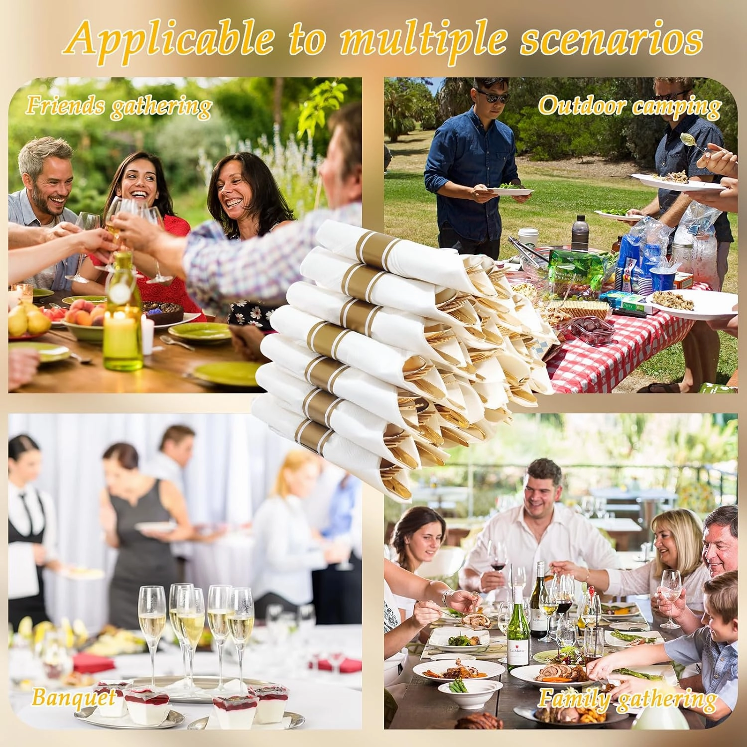 Supernal 120 Pack Gold Plastic Cutlery Set with Napkin, Wrapped Disposable Silverware, Pre Rolled Napkins