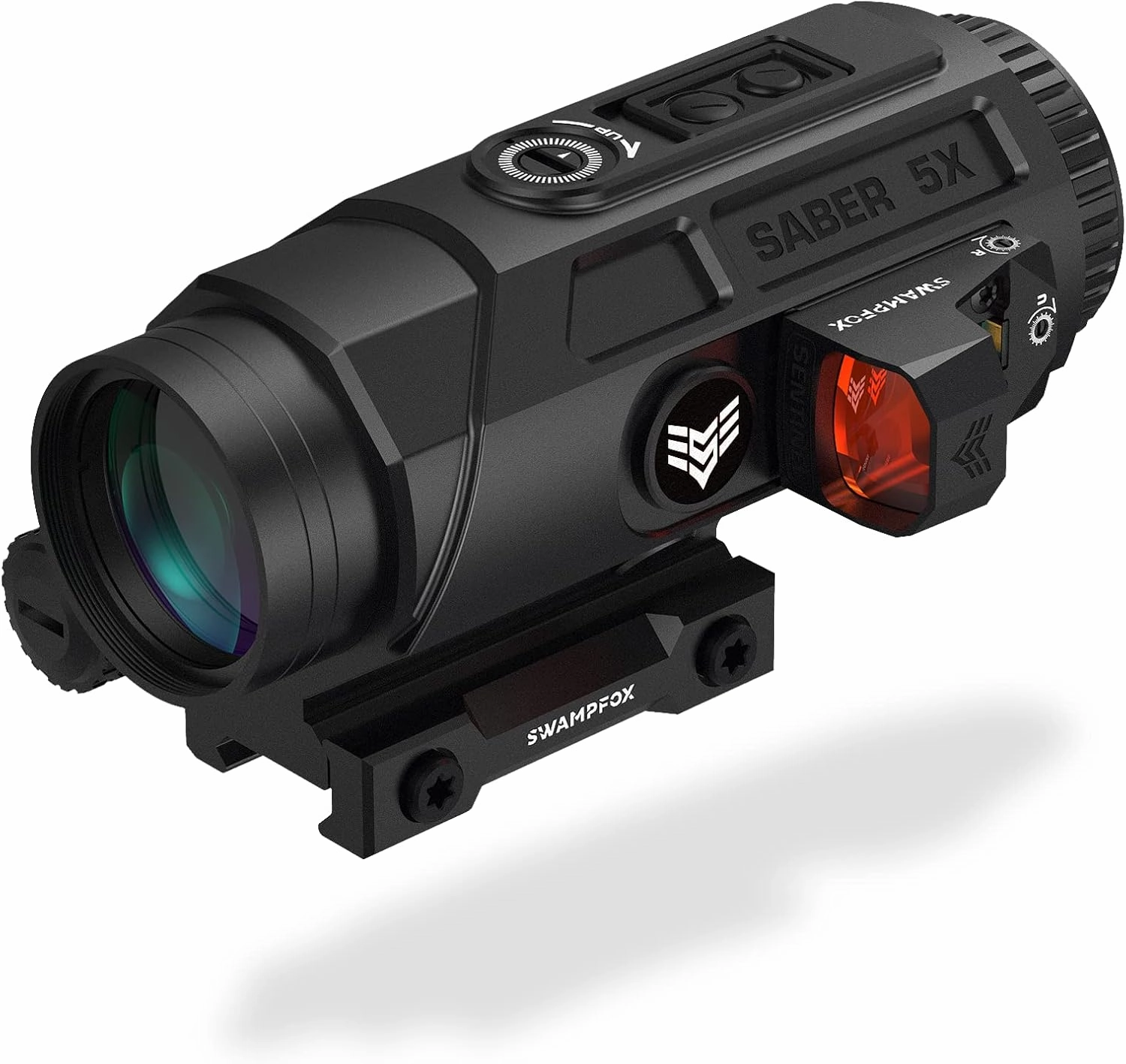 Swampfox Saber 5X Prism Scope Red/Green Strike MOA Reticle 90° Sidecar for Speed & Precision Motion Sensing Auto-On Shake N’ Wake Technology