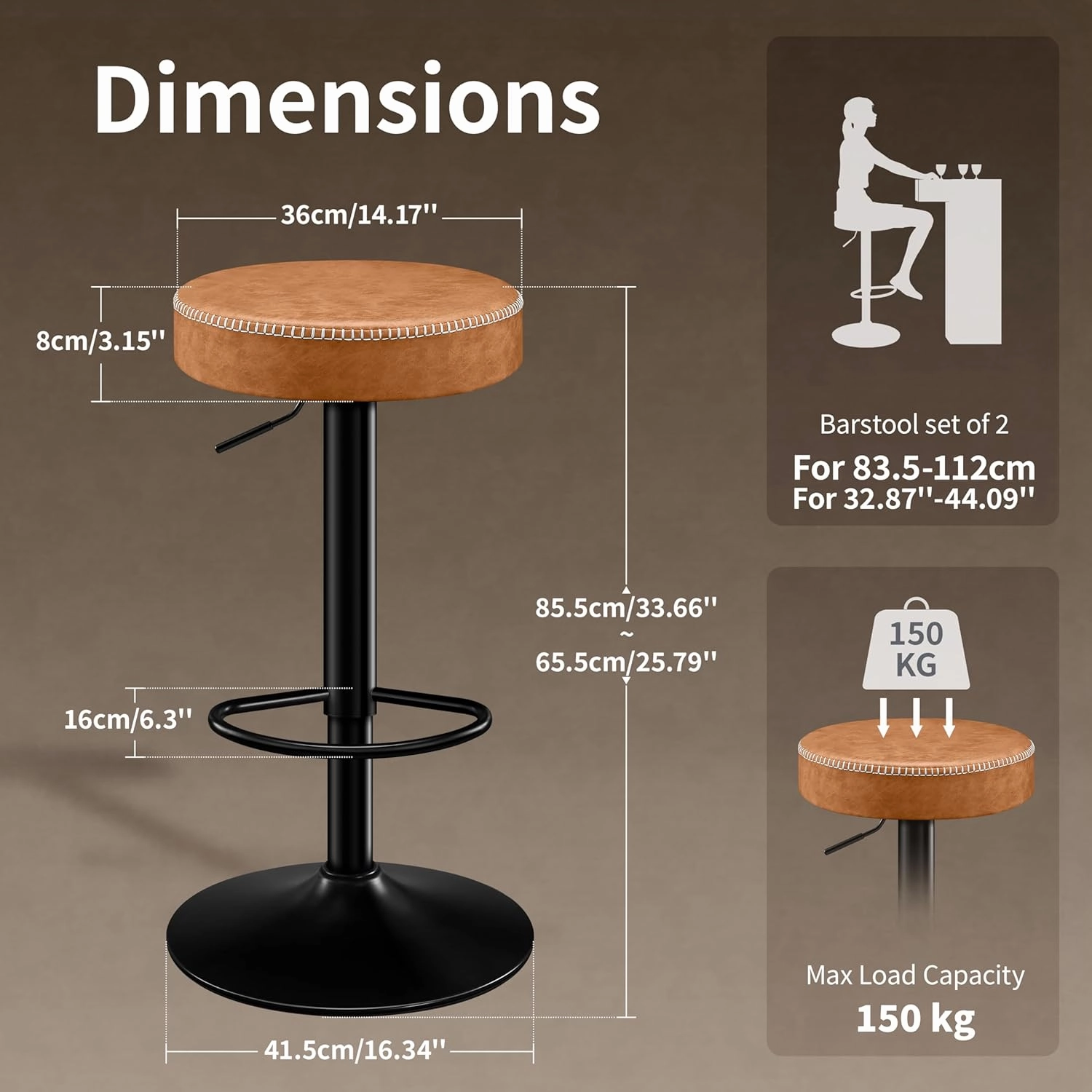 Tall Bar Stools Set of 2 Modern Microfiber Leather Bar Height Stools with Round Seat 360° Swivel Backless Counter Stools Adjustable Barstools for Kitchen Island Pub Brown(24-33 Inch,330lbs)