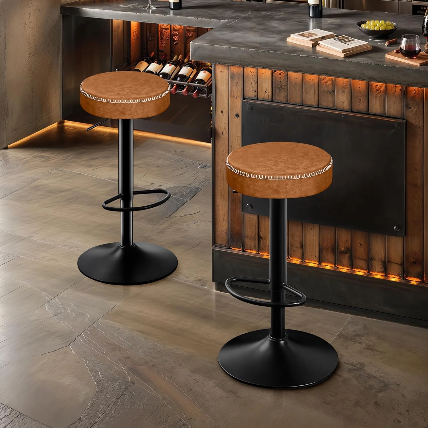 Tall Bar Stools Set of 2 Modern Microfiber Leather Bar Height Stools with Round Seat 360° Swivel Backless Counter Stools Adjustable Barstools for Kitchen Island Pub Brown(24-33 Inch,330lbs)