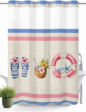 Teamery No Hook Shower Curtain with Snap in Liner, Summer Slippers Coconut Curtain Set See-Through Top Double Layers Fabric Shower Curtains Vintage Swimming Ring on Linen for Bathroom Decor, 60x72in