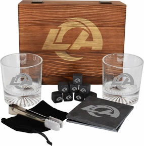 The Memory Company Licensed NFL Wood Boxed Drinkware Gift Set - Includes 2 Premium Rock Glasses, Cooling Cubes, Tongs, and Coasters, Los Angeles Rams