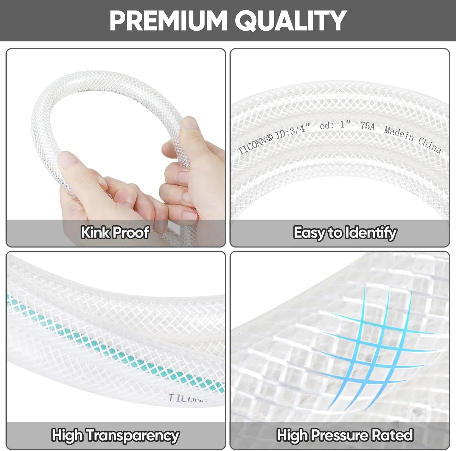 TICONN Clear PVC Tubing, High Pressure Tubing Heavy Duty Braided Reinforced Flexible Vinyl Hose Tube Durometer 75A Plastic Tube BPA Free, Non Toxic, RoHS (5/8'', 10ft)