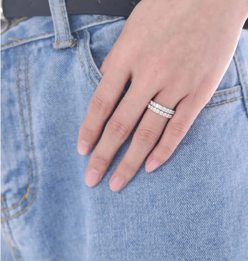 TIGRADE 3mm Women Titanium Engagement Ring Cubic Zirconia Eternity Wedding Band Size 3-13.5
