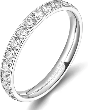TIGRADE 3mm Women Titanium Engagement Ring Cubic Zirconia Eternity Wedding Band Size 3-13.5