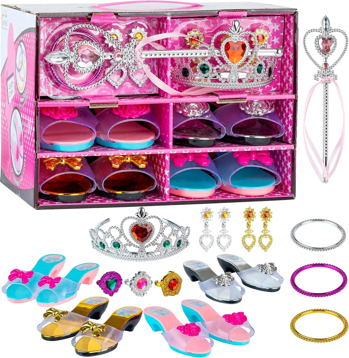 Toyvelt Princess Dress Up Shoes and Jewelry Boutique - Pretend Play for Little Girls Set Incl 4 Pairs Princess Shoes and Lots of Accessories - Toddler Girl Toys (Classic Edition)