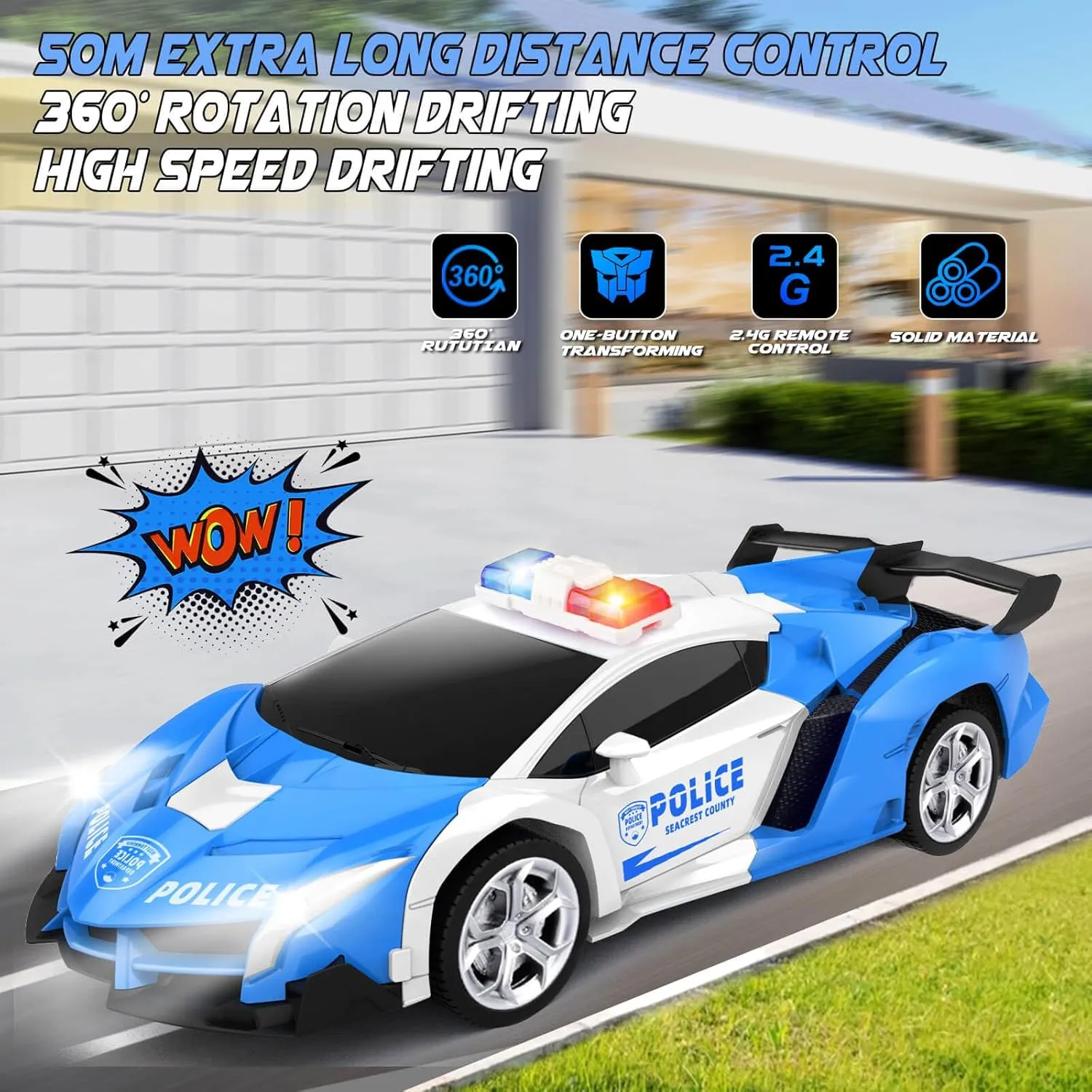 Transform Remote Control Car - Rc Cars, One-Button Transforming, 360° Rotation Drifting, 2.4ghz 1:18 Scale, Gift Kids Aged 4-6 Year Old Boys/Girls, Police Car Blue