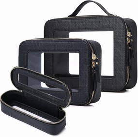 Travel Makeup Set Waterproof Transparent Cosmetic Bag and Toiletry Bag Makeup Brush case with Zipper Car Essentials for Women (Black, L M SLIM)