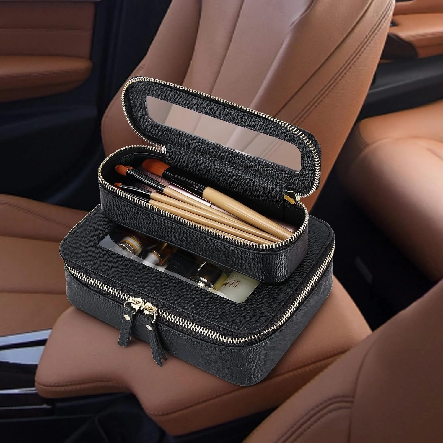 Travel Makeup Set Waterproof Transparent Cosmetic Bag and Toiletry Bag Makeup Brush case with Zipper Car Essentials for Women (Black, L M SLIM)