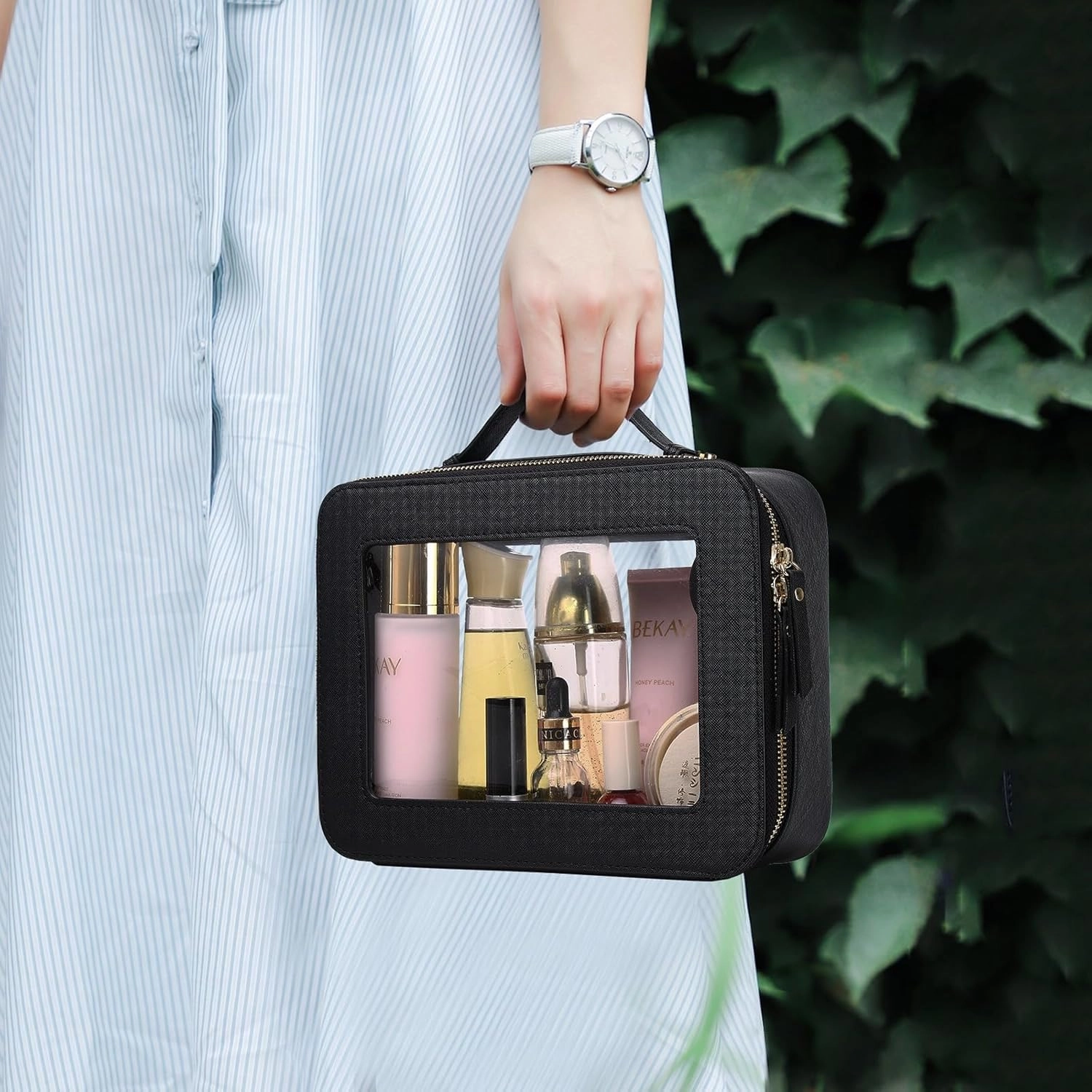 Travel Makeup Set Waterproof Transparent Cosmetic Bag and Toiletry Bag Makeup Brush case with Zipper Car Essentials for Women (Black, L M SLIM)