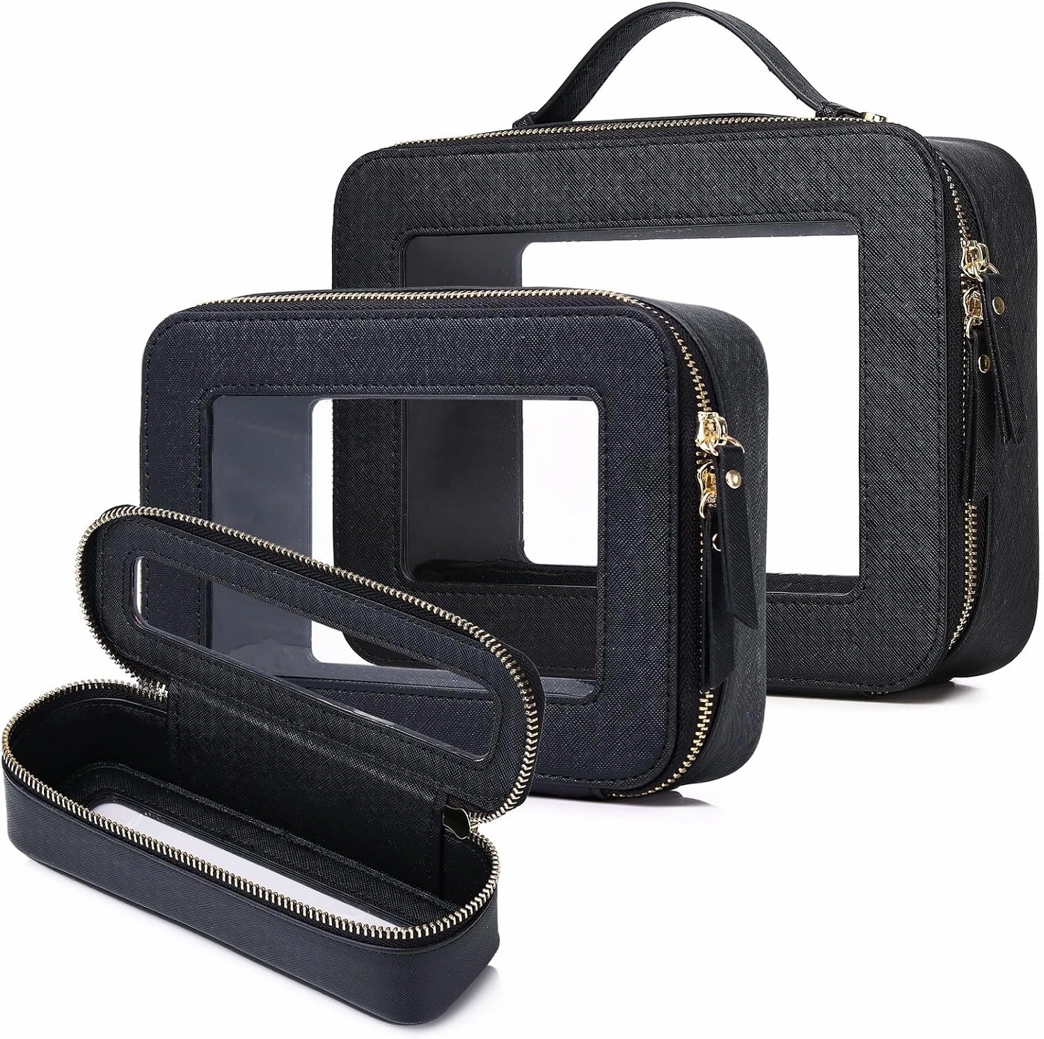 Travel Makeup Set Waterproof Transparent Cosmetic Bag and Toiletry Bag Makeup Brush case with Zipper Car Essentials for Women (Black, L M SLIM)