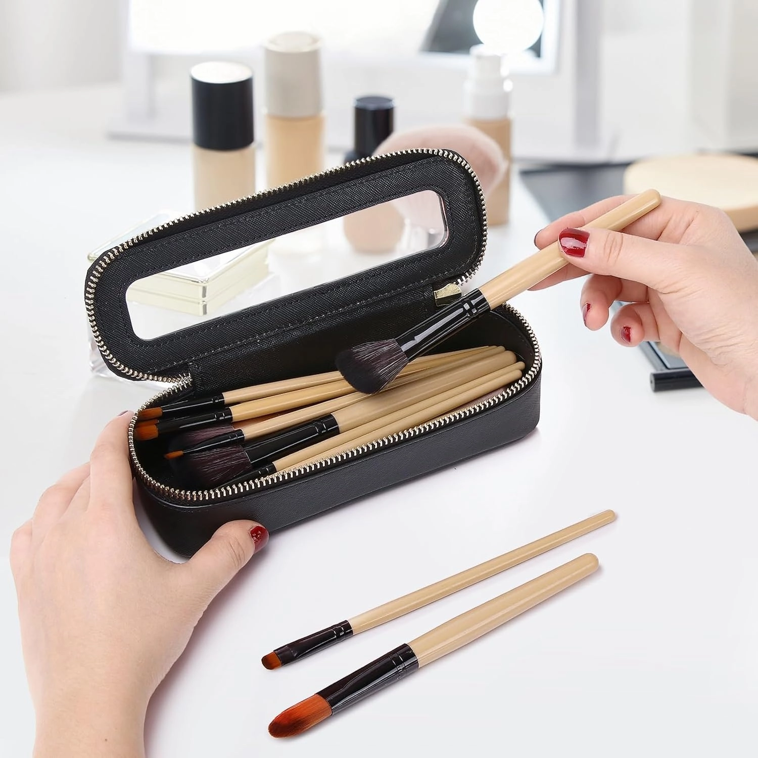 Travel Makeup Set Waterproof Transparent Cosmetic Bag and Toiletry Bag Makeup Brush case with Zipper Car Essentials for Women (Black, L M SLIM)