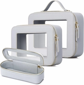 Travel Makeup Set Waterproof Transparent Cosmetic Bag and Toiletry Bag Makeup Brush case with Zipper Car Essentials for Women (Gray, L M SLIM)