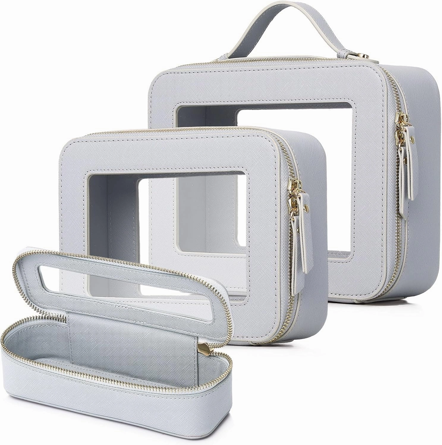 Travel Makeup Set Waterproof Transparent Cosmetic Bag and Toiletry Bag Makeup Brush case with Zipper Car Essentials for Women (Gray, L M SLIM)