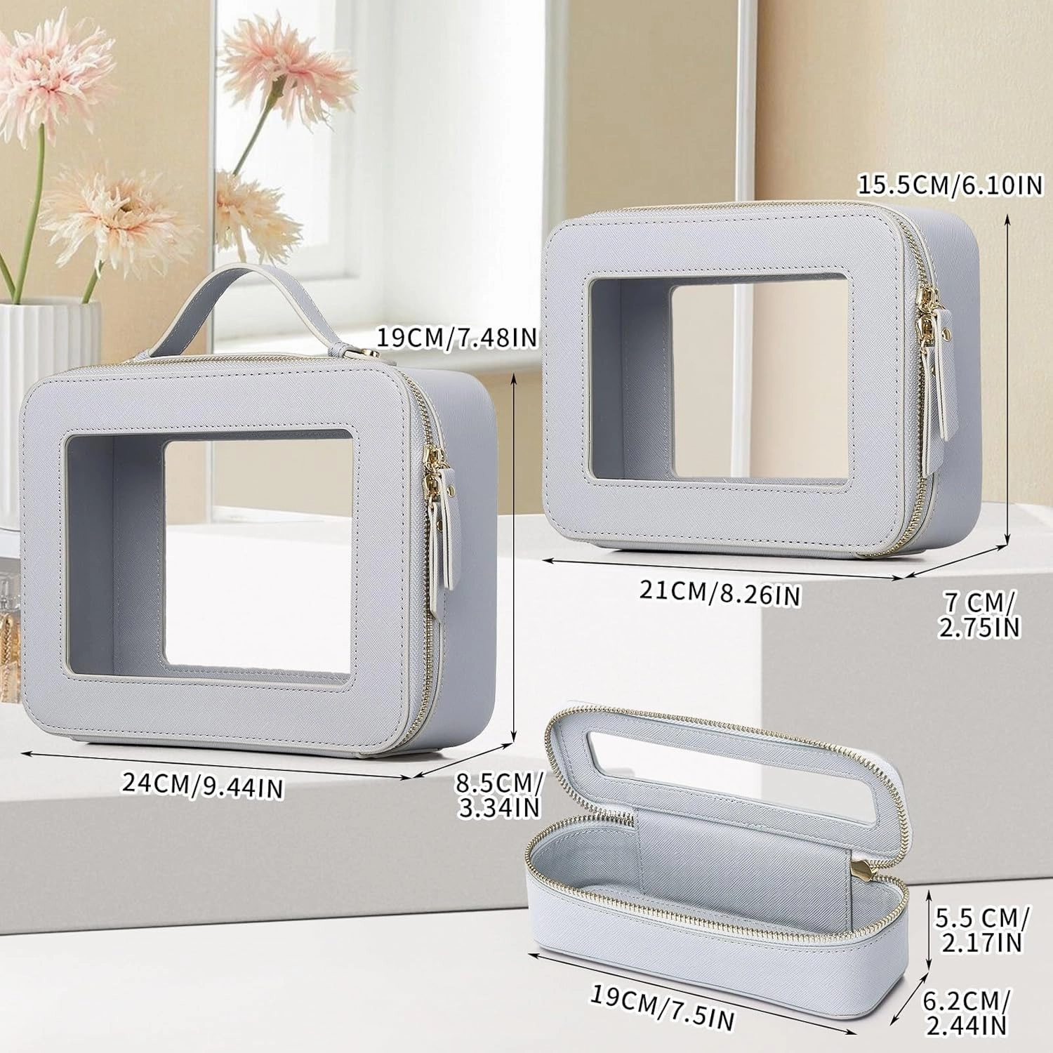 Travel Makeup Set Waterproof Transparent Cosmetic Bag and Toiletry Bag Makeup Brush case with Zipper Car Essentials for Women (Gray, L M SLIM)