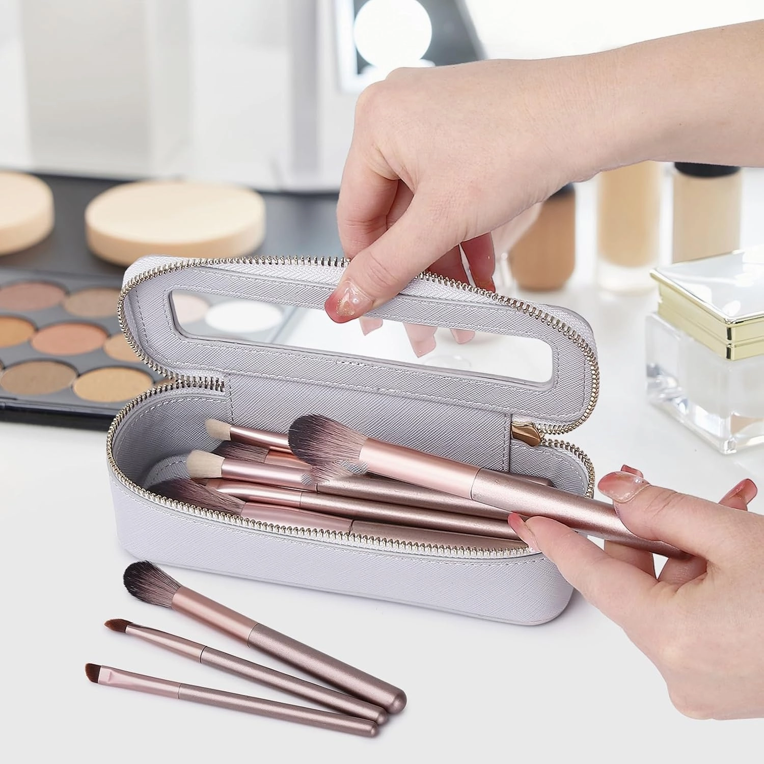 Travel Makeup Set Waterproof Transparent Cosmetic Bag and Toiletry Bag Makeup Brush case with Zipper Car Essentials for Women (Gray, L M SLIM)