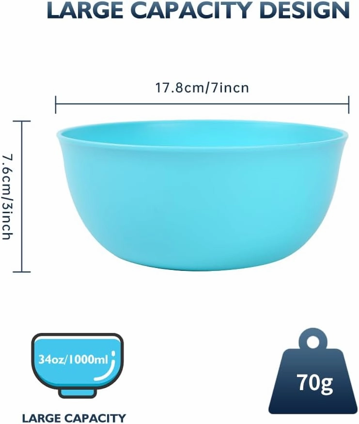 Unbreakable Plastic Bowls, Set of 8, BPA Free Bowls Set, Extra Large 35oz, Microwave & Dishwasher Safe, Soup and Salad Bowls (Gray, Turquoise)