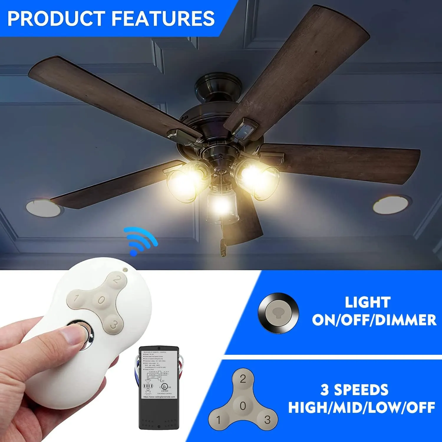 Universal Ceiling Fan Remote Control Replacement Kit Compatible with Hunter,Harbor Breeze,Hampton Bay 3-Speed Dimmer Especially Replace Works with Hunter 99122 99123 99600