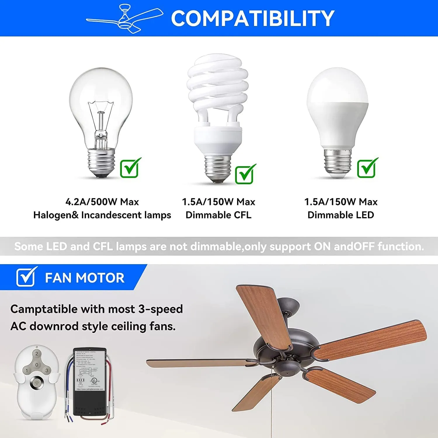 Universal Ceiling Fan Remote Control Replacement Kit Compatible with Hunter,Harbor Breeze,Hampton Bay 3-Speed Dimmer Especially Replace Works with Hunter 99122 99123 99600