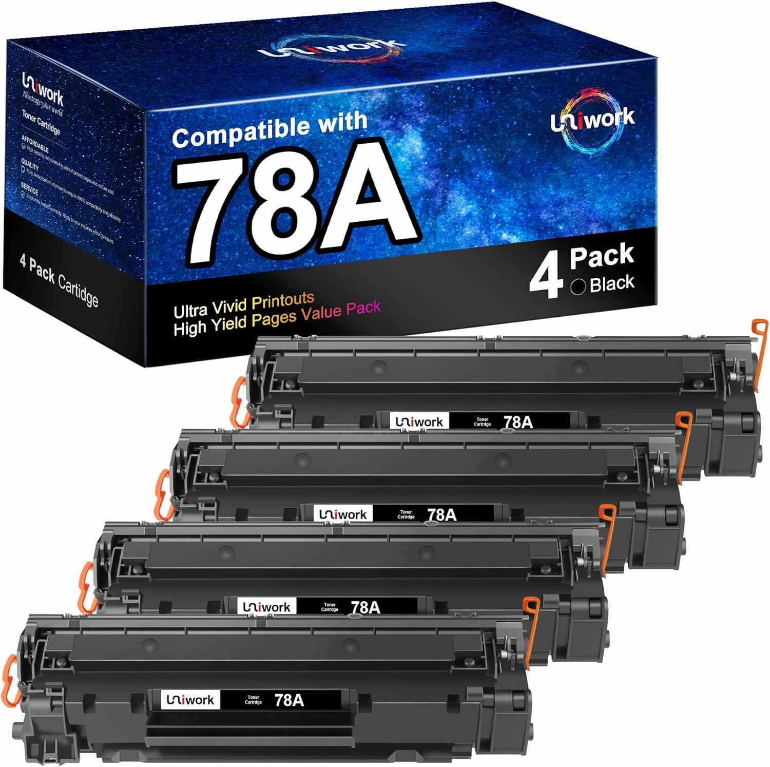 Uniwork Compatible Toner Cartridge Replacement for HP 78A CE278A use for Laserjet Pro P1606dn M1536dnf P1566 P1560 P1606 M1536 Printer Tray, 4 Black