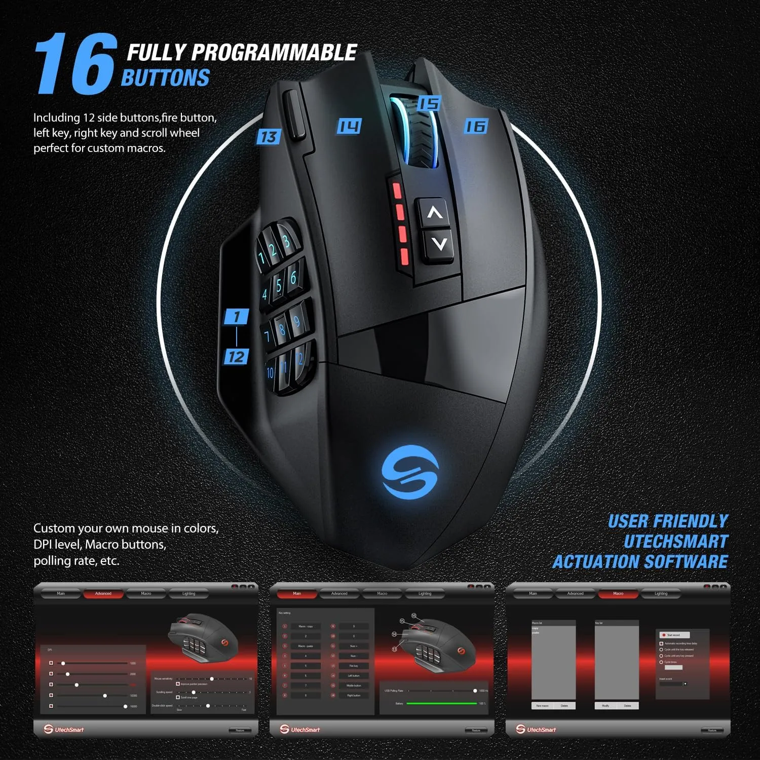UtechSmart Venus Pro RGB Wireless MMO Gaming Mouse, 16,000 DPI Optical Sensor, 2.4 GHz Transmission Technology, Ergonomic Design, 16M Chroma RGB Lighting, 16 programmable Buttons, Up to 70 Hours