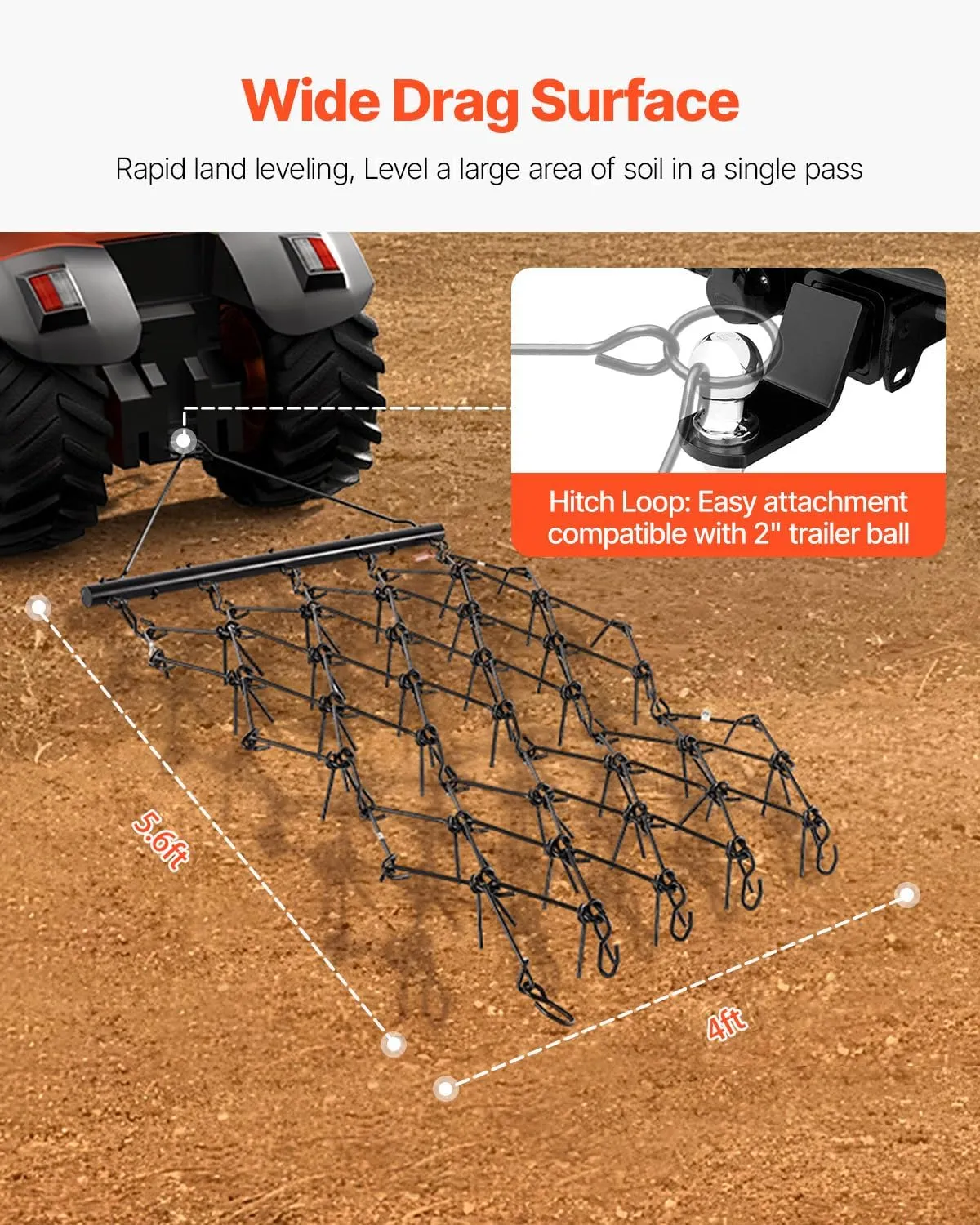 VEVOR Drag Harrow, 4 ft x 5.6 ft Durable Chain Harrow with 80 Sharp Teeth, Suitable for ATV UTV Tractor, Ideal for Soil Preparation, Seeding, Smoothing Landscapes, and Yard Gravel Driveway Maintenance