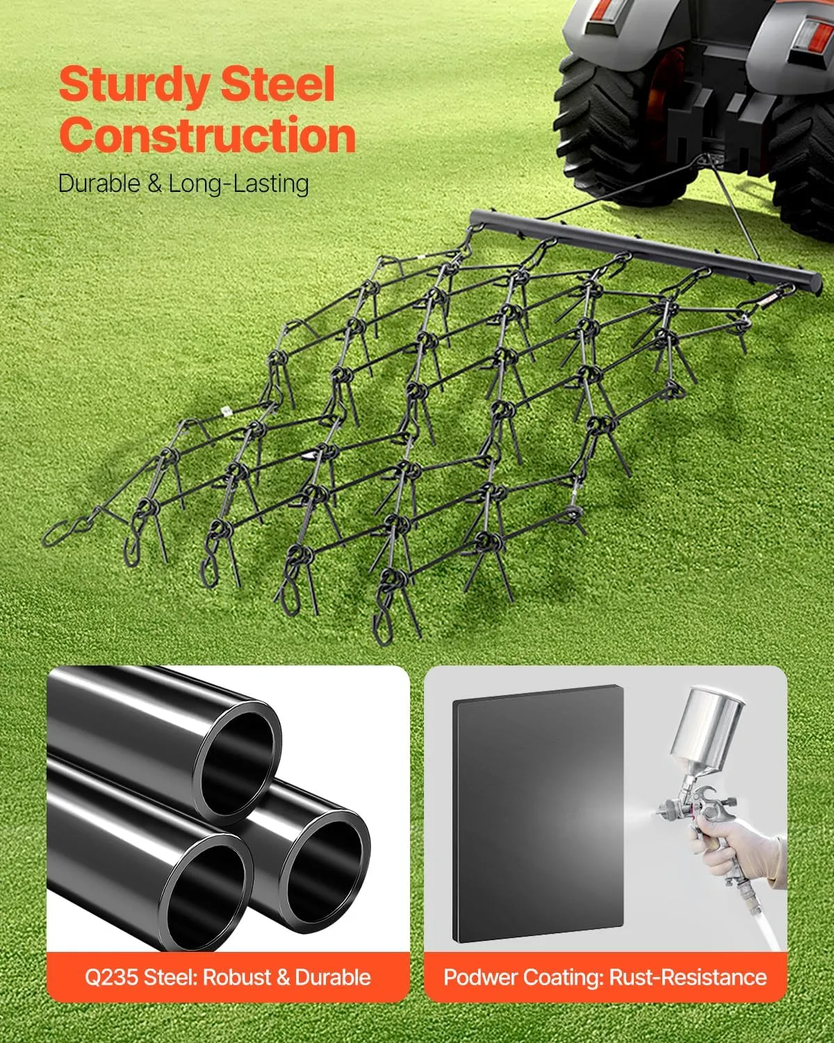 VEVOR Drag Harrow, 4 ft x 5.6 ft Durable Chain Harrow with 80 Sharp Teeth, Suitable for ATV UTV Tractor, Ideal for Soil Preparation, Seeding, Smoothing Landscapes, and Yard Gravel Driveway Maintenance