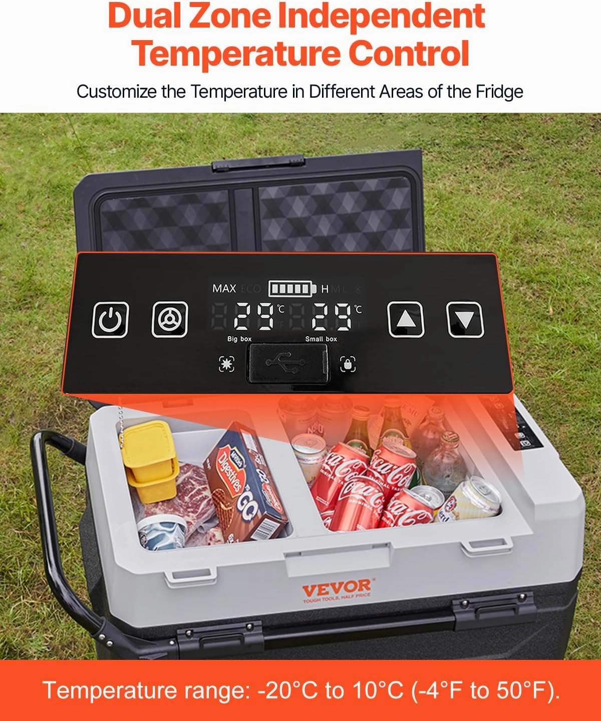 VEVOR Car Refrigerator, 12 Volt Car Refrigerator Fridge, 56 QT/53 L Dual Zone Portable Freezer, -4℉-50℉ Adjustable Range, 12/24V DC and 100-240V AC Compressor Cooler for Outdoor, Camping, Travel, RV