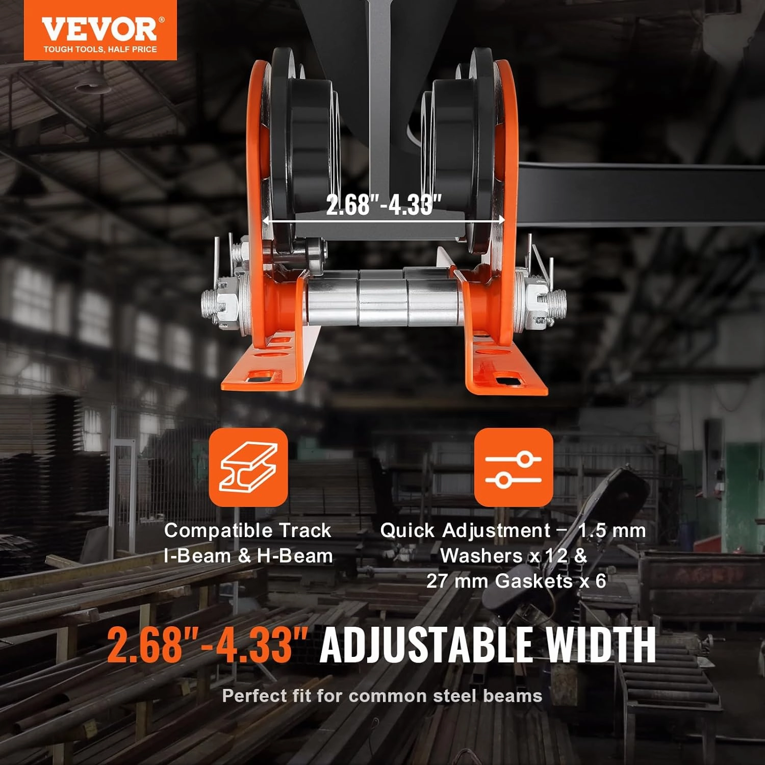 VEVOR Electric Hoist Manual Trolley, 2200 lbs/1 Ton Capacity for PA200 PA250 PA300 PA400 PA500, Push Beam Trolley with Dual Wheels, 2.68"-4.33" Adjustable Beam Flange Width for Straight Curved I Beam