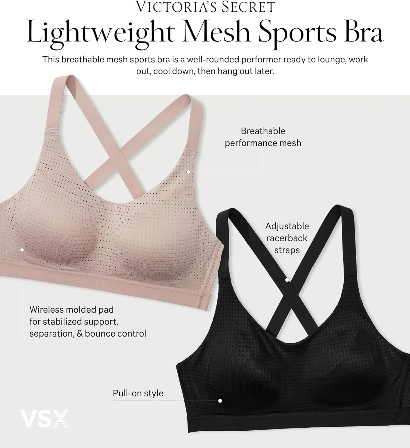 Victoria's Secret Women's VSX Lightweight Mesh Sports Bra, Medium Wireless Support (32A-38DD)