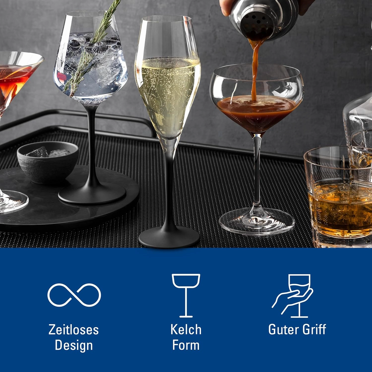 Villeroy & Boch Manufacture Rock Set of 4 Elegant Crystal Glass Champagne Flutes Dishwasher Safe Black