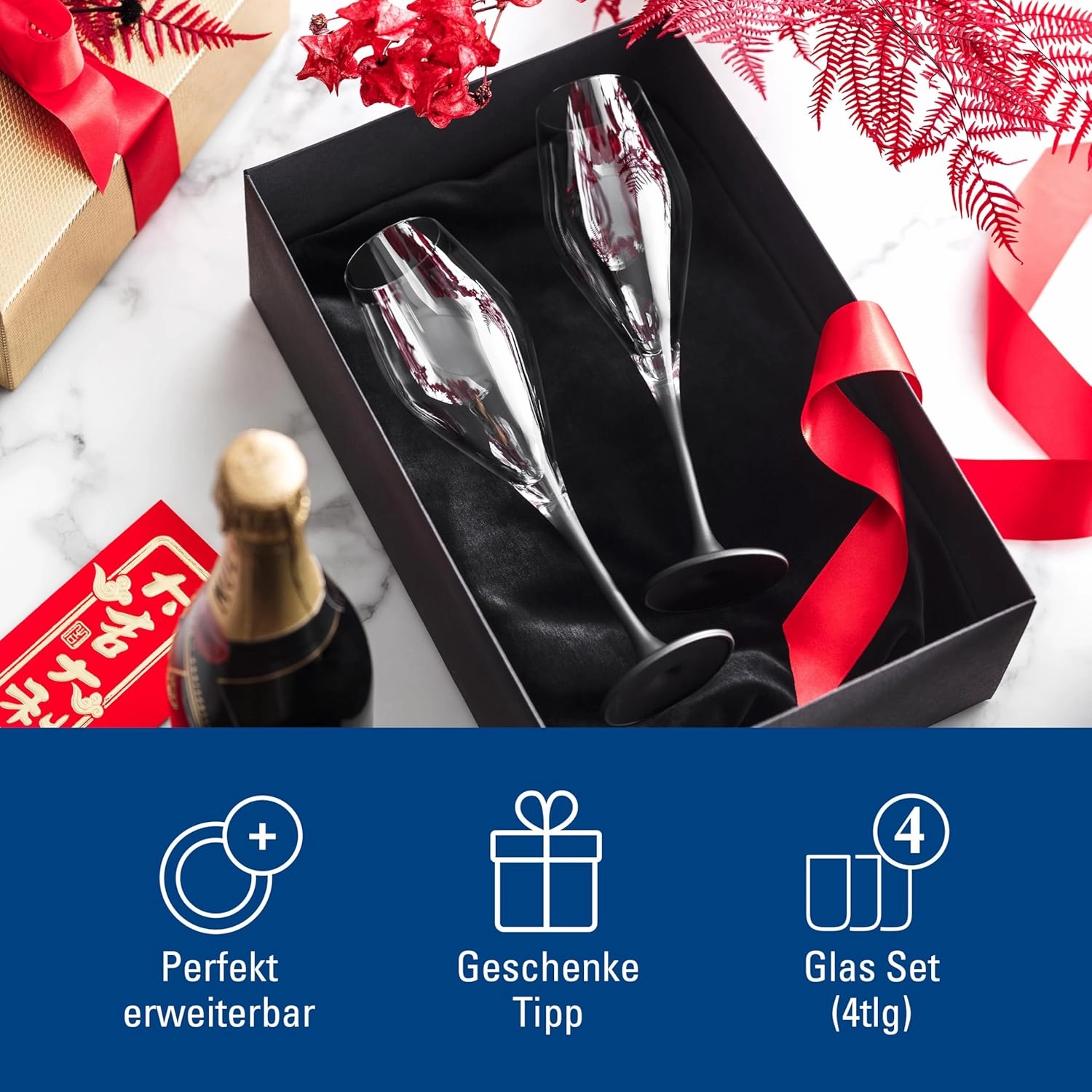Villeroy & Boch Manufacture Rock Set of 4 Elegant Crystal Glass Champagne Flutes Dishwasher Safe Black