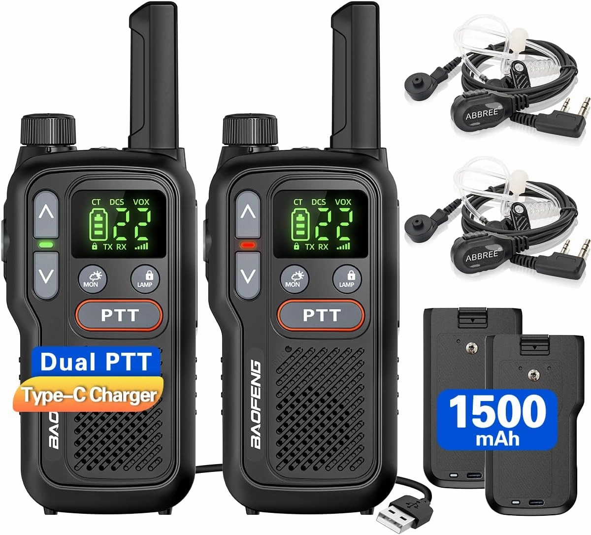 Walkie Talkies Long Range for Adults,Rechargeable Walkie Talkies with Earpiece 22 FRS Channels 2 Way Radio NOAA Walky Talky with Flashlight VOX 1500mAh Battery USB-C Charger for Hiking Camping,2Pack