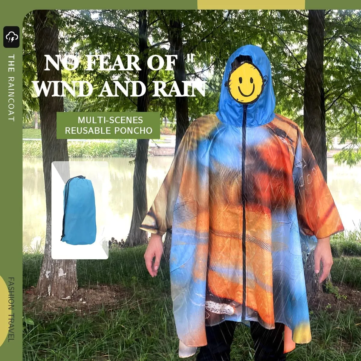 Waterproof Hooded Lightweight Rain Poncho for Adults Women Men with Pockets Unisex Fashion Zipper Jacket Coat