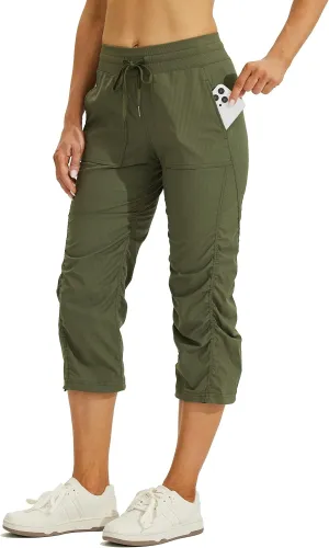 Willit Women's Quick-Dry Capris Hiking Travel Pants Striped Woven Workout Pants with Pockets Lightweight