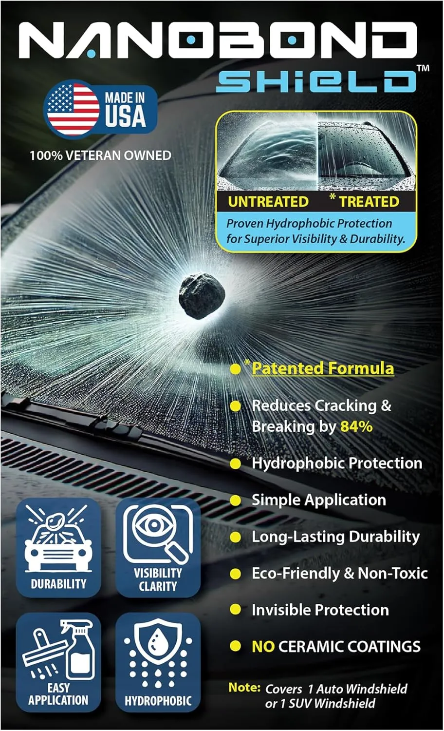 Windshield Protection – Strengthens Glass to Reduce Cracks by 84%, Repels Water and Debris for Clear Visibility, Easy Application, Eco-Friendly, and Durable Protection