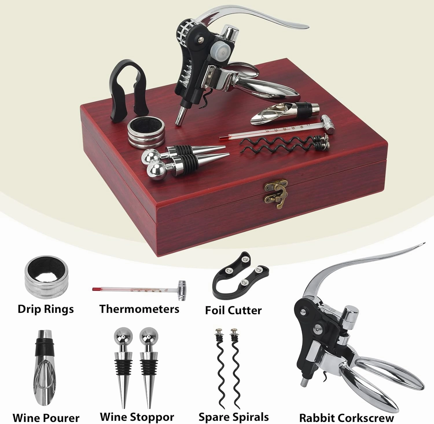 Wine Opener, Rabbit Corkscrew with Elegant Wooden Box, Premium 9-Piece Set, Includes Wine Stopper, Foil Cutter, Bottle Stopper, Easy Cork Removal, Great Gift for Wine Lovers, Sliver