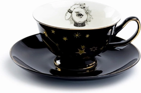 Witch Crystal Black Gold Tea Cup and Saucer with Gold Trim Halloween Black White and Gold