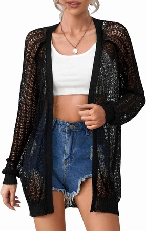 Women's Crochet Cardigan Sweater Long Sleeve Open Front Lightweight Boho Cover Up Summer Knit Cardigans