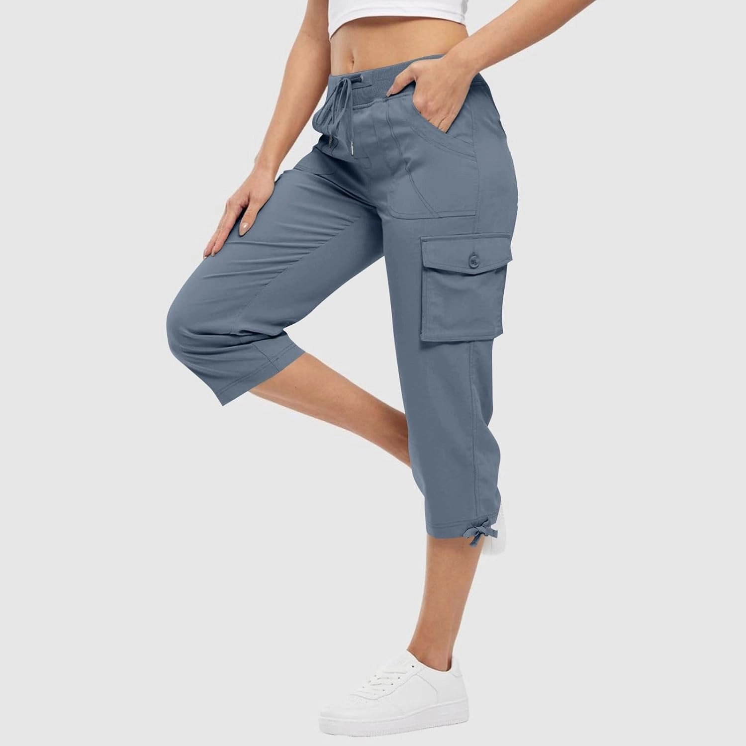 Womens Camo Cargo Pants with Multi Pockets Lightweight Quick Dry Travel Hiking Summer Trousers Drawstring Casual Capris Pants