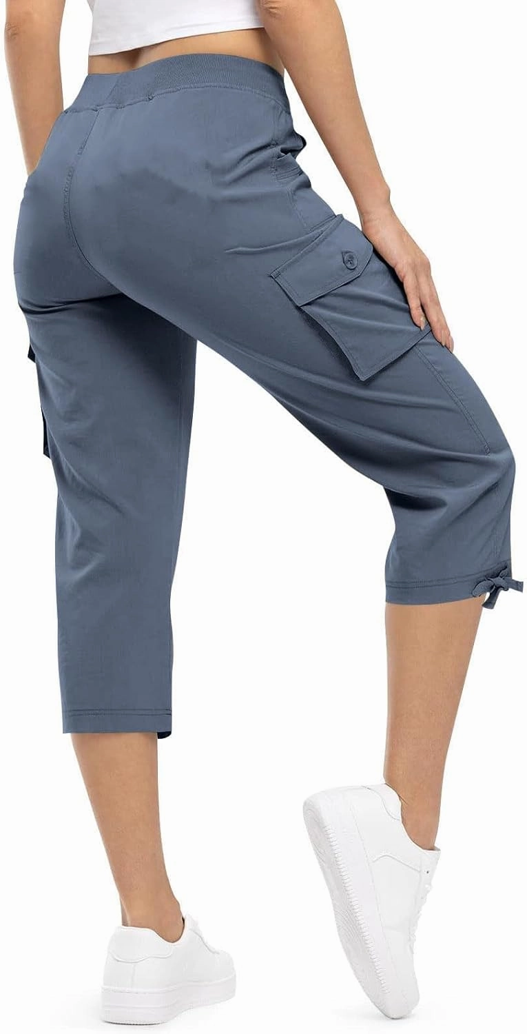 Womens Camo Cargo Pants with Multi Pockets Lightweight Quick Dry Travel Hiking Summer Trousers Drawstring Casual Capris Pants