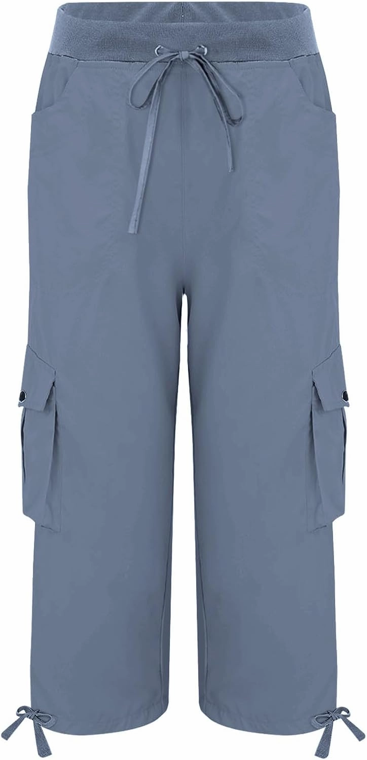 Womens Camo Cargo Pants with Multi Pockets Lightweight Quick Dry Travel Hiking Summer Trousers Drawstring Casual Capris Pants