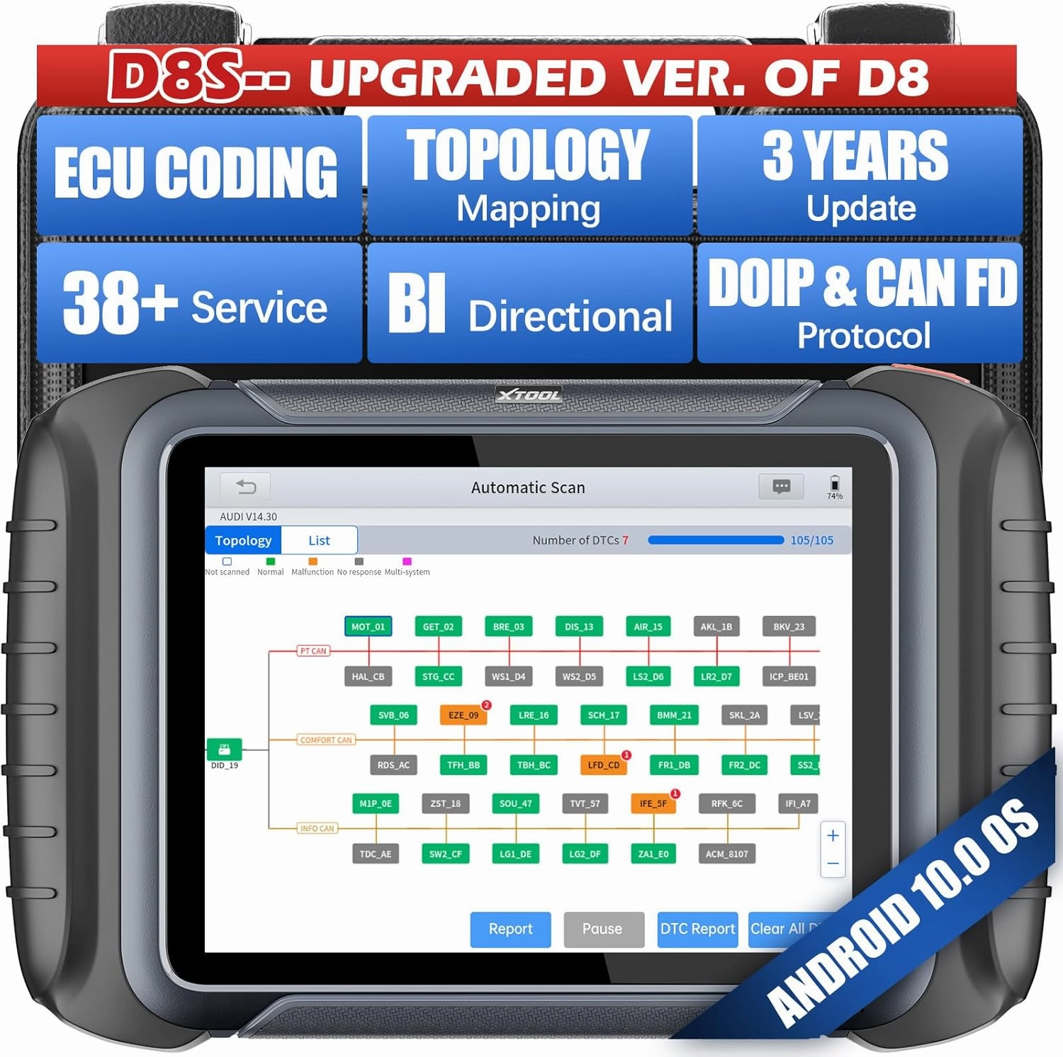 XTOOL D8S Bidirectional Scan Tool 2025 Upgraded Ver. of D8 Scanner, OBD2 Scanner Diagnostic Tool, Topology Mapping, ECU Coding, 38  Resets, FCA, CAN FD&DoIP, All System Scanner for Car, 3-Year Update