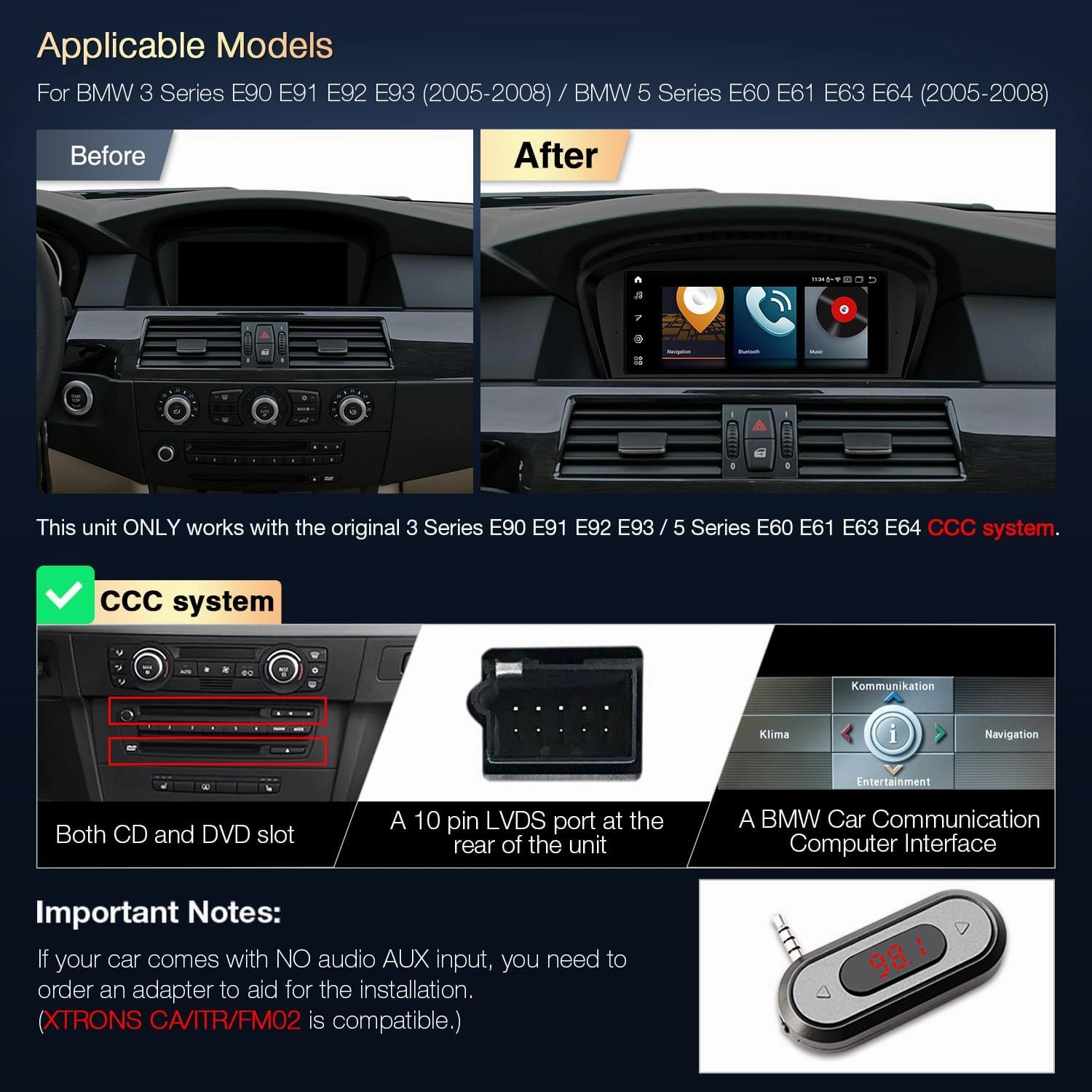 XTRONS Android 13 Car Radio for BMW 3 & 5 Series E90 E60 CCC System, 8.8 Inch IPS Touch Screen Car Stereo, Octa Core 4 64GB GPS Navigator with iDrive System Retained Supports Car Play Android Auto