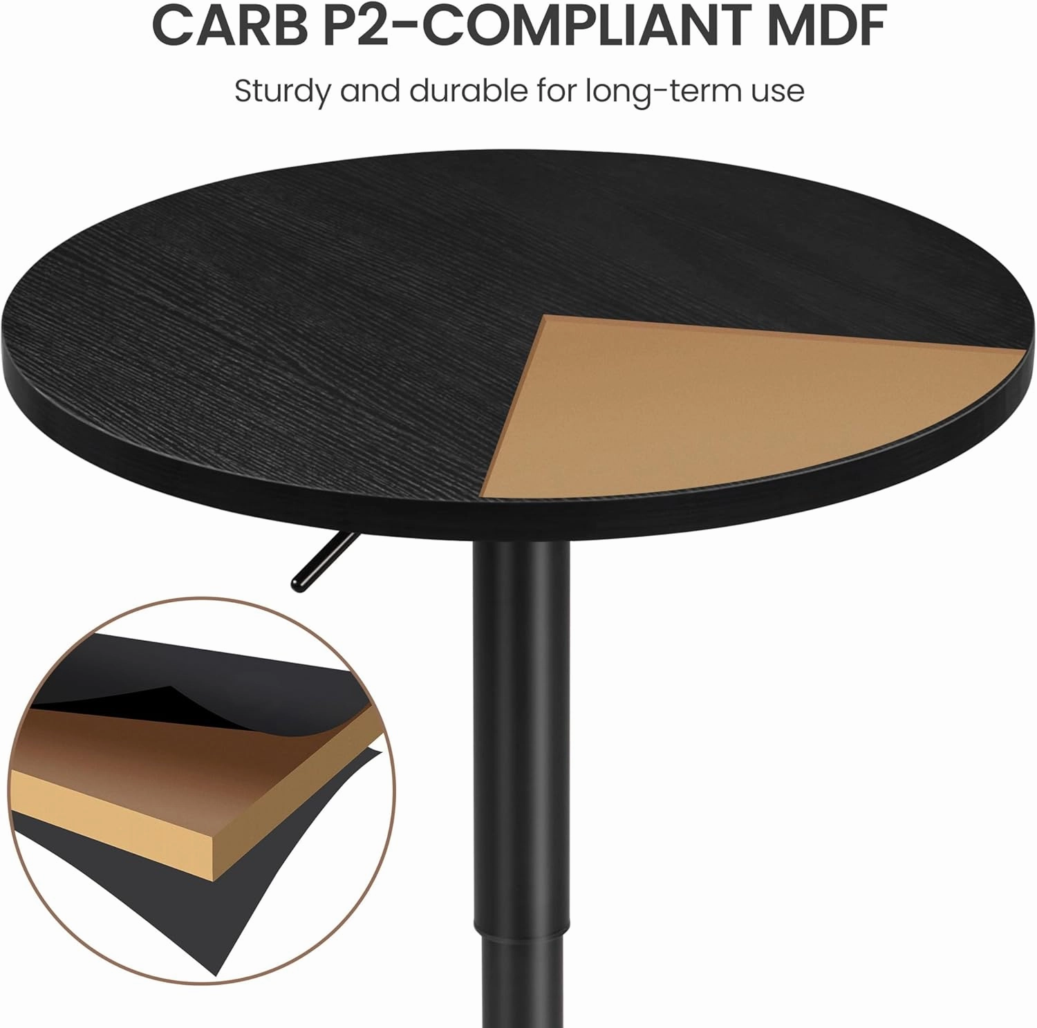 Yaheetech Round Bar Table, Adjustable Height and 360° Swivel Pub Tables, Cocktail Table with MDF Top, Silver Leg Base for Bar, Bistro, Café, Black