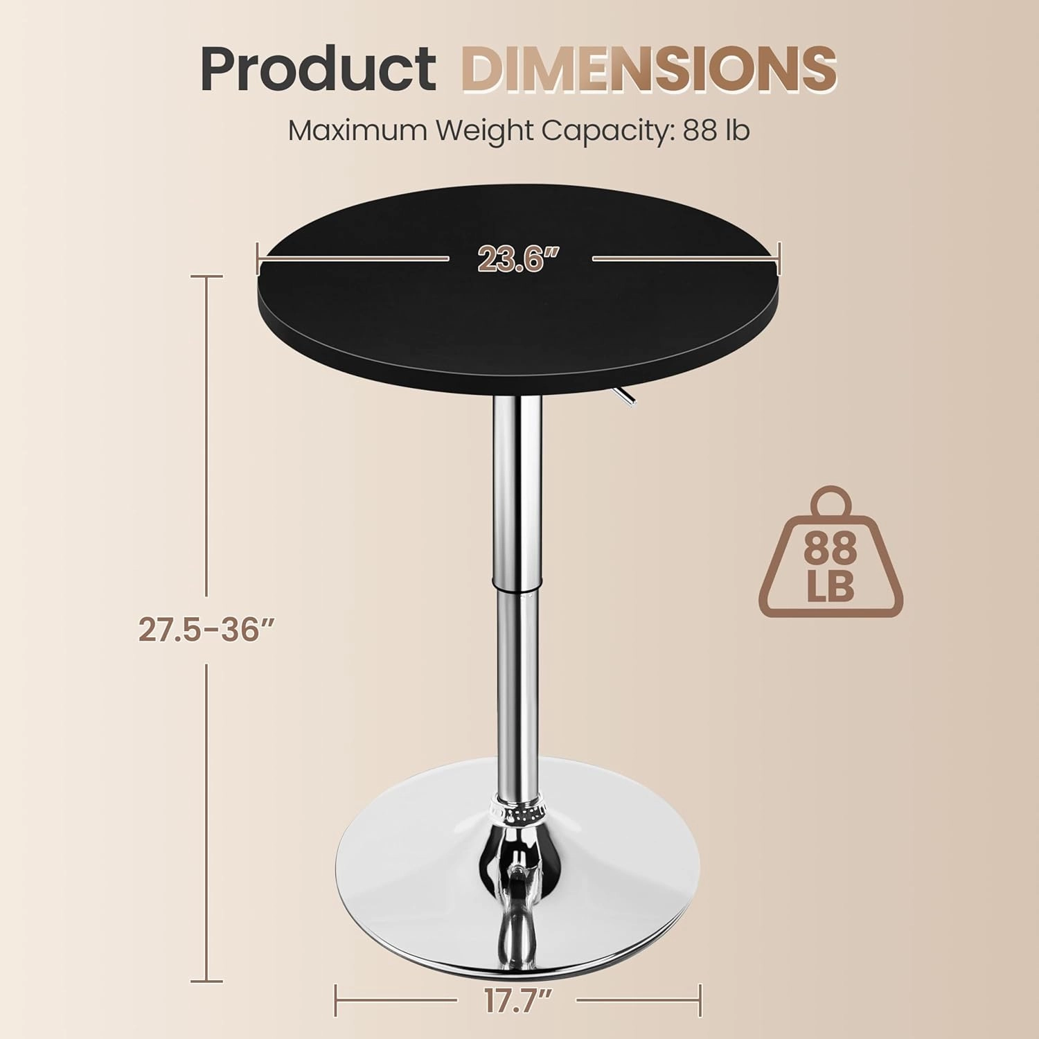 Yaheetech Round Bar Table, Adjustable Height and 360° Swivel Pub Tables, Cocktail Table with MDF Top, Silver Leg Base for Bar, Bistro, Café, Black
