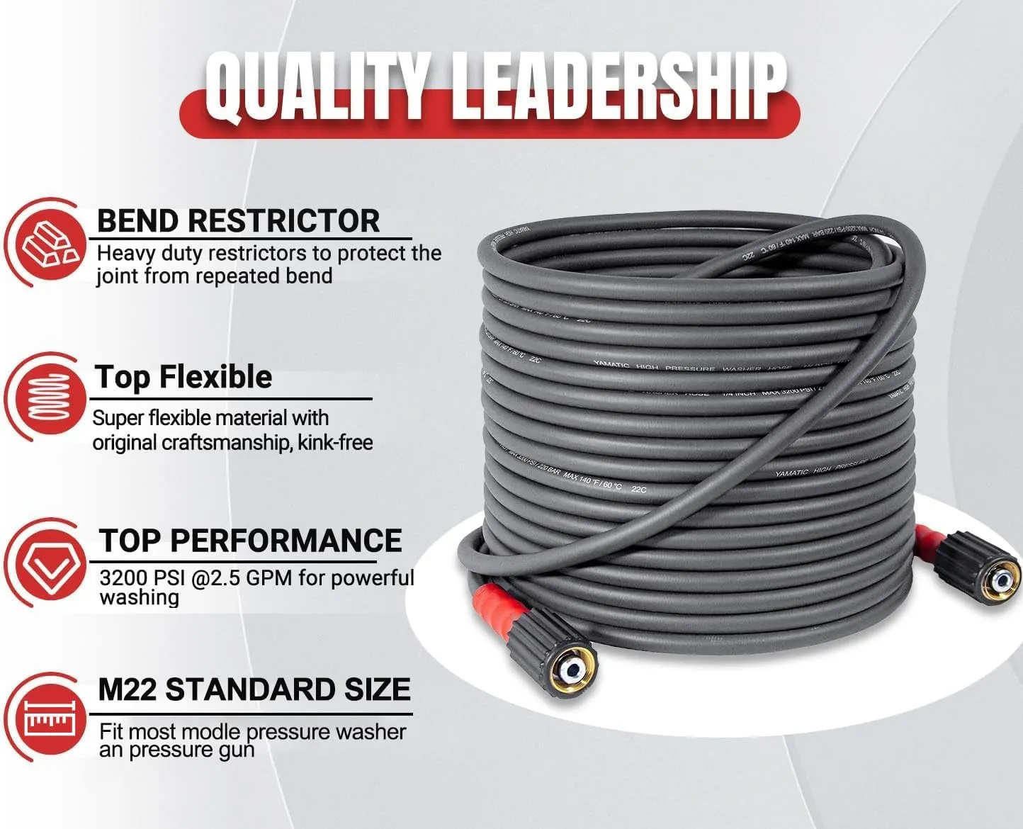 YAMATIC Super Flexible Pressure Washer Hose 50FT X 1/4", Kink Resistant 3200 PSI Heavy Duty Power Washer Extension Replacement Hose With M22-14mm x 3/8" Quick Connect Kit For Gas & Electric, Grey