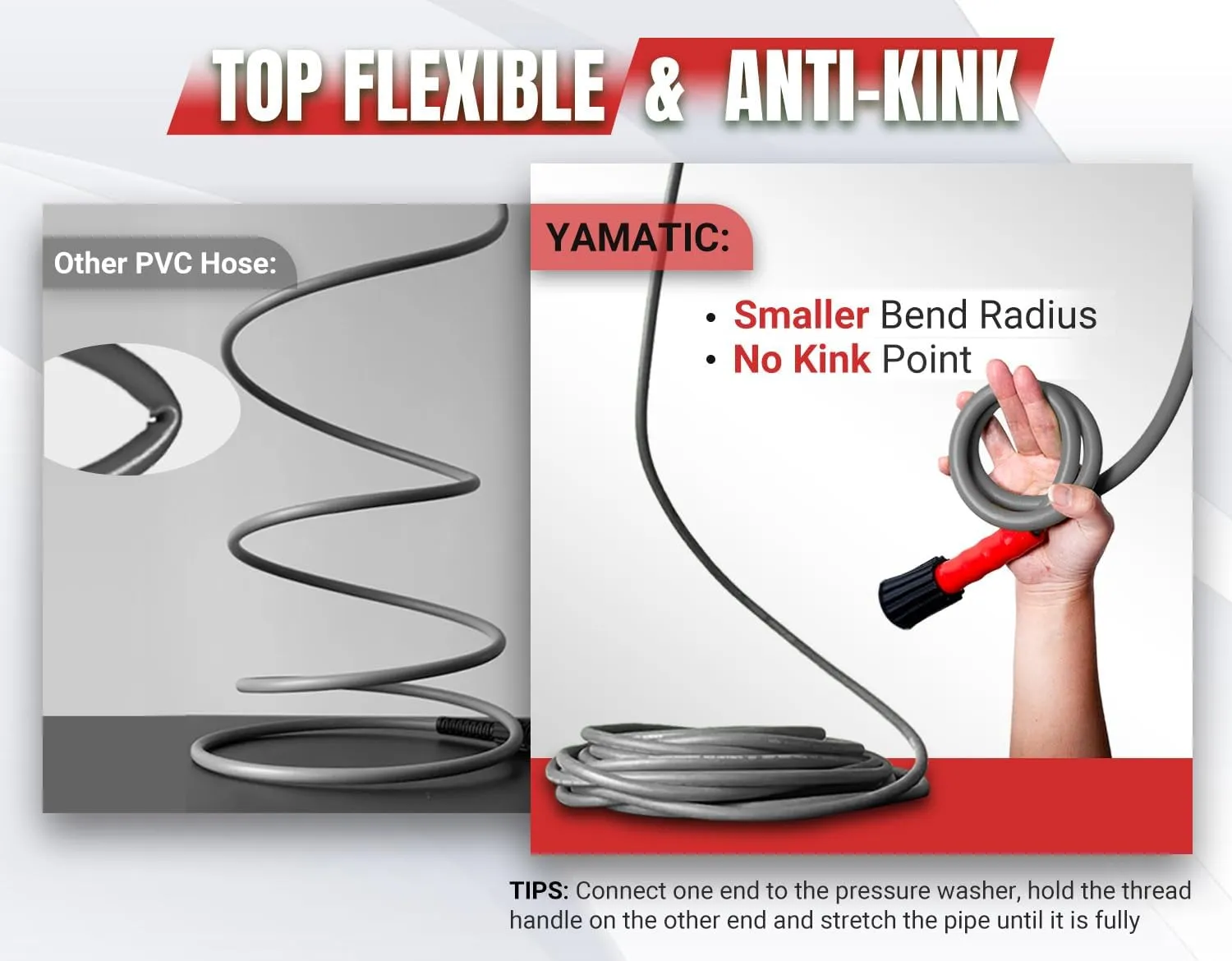 YAMATIC Super Flexible Pressure Washer Hose 50FT X 1/4", Kink Resistant 3200 PSI Heavy Duty Power Washer Extension Replacement Hose With M22-14mm x 3/8" Quick Connect Kit For Gas & Electric, Grey